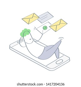 Relaxing businessman is lying on the mobile phone screen and solves incoming tasks: checks mail, viewing correspondence and documents, responds in messengers. Flat outline clean doodle design vector.