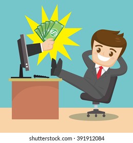 relaxing businessman money computer, vector  illustration