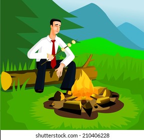 Relaxing businessman near campfire 