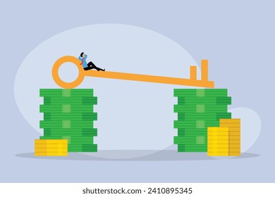 Relaxing businessman sitting on a key on top of stack money 2d flat vector illustration