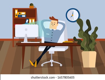 Relaxing businessman sitting on office chair at a computer desk. Front view. Color vector cartoon illustration