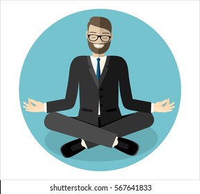 Relaxing businessman with yoga pose style. Vector flat design illustration.
