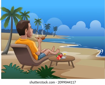 Relaxing by the beach with a smoking pipe in hand, Vector illustration.