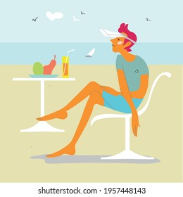 
Relaxing in a cafe on the beach - vector illustration