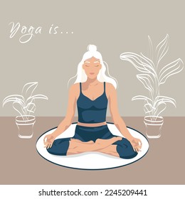 Relaxing, calm woman training yoga lotos asana, vector illustration