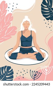 Relaxing, calm woman training yoga lotos asana, vector illustration