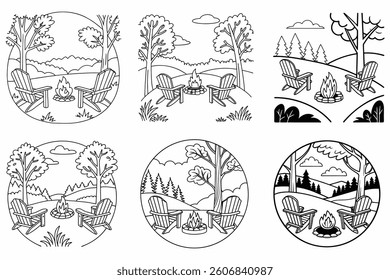Relaxing Campfire Scene in Adirondack Chairs, Perfect for Coloring Books or Prints