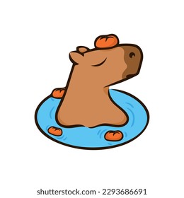 Capibara relajante con mandarinas. Ilustración vectorial. Chigüiro en el agua. Imagen aislada de fondo blanco. Elemento de diseño para la decoración carteles folletos del menú carteles.