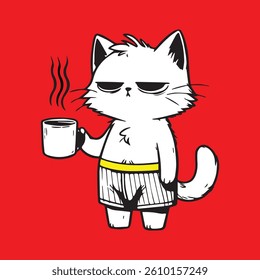 relaxing cat coffee in the morning artwork design