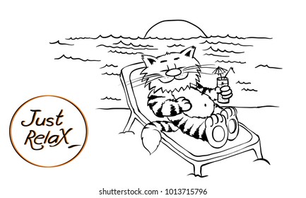 Relaxing cat. Kitty on the holiday rest. Outline sketch in doodle and cartoon style. Black and white vector character. Eps 8. Cat on the summer beach. Just relax.