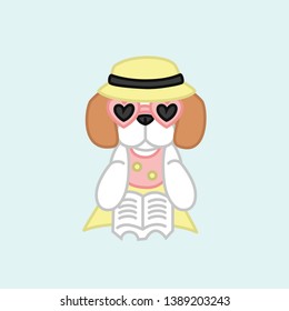Relaxing Cavalier King Charles Spaniel Puppy in the Beach for Summer Holiday Cartoon Vector Illustration