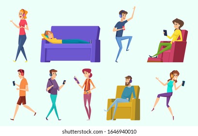 Relaxing characters. Peoples listening music in headphones laying male and female persons vector