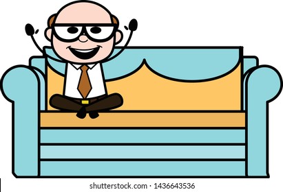 Relaxing and Cheering Up - Retro Cartoon Father Old Boss Vector Illustration