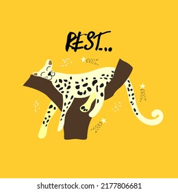 Relaxing cheetah is lying down on the tree isolated on yellow background. Vector illustration.