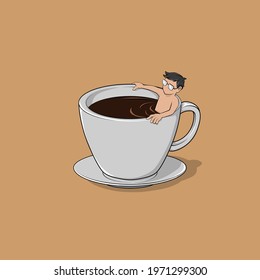 Relaxing with coffee. Vector illustration of a man relaxing inside a cup of coffee bathtub