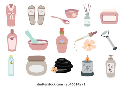 A relaxing collection of spa and skincare-themed illustrations, including a robe, slippers, candles, creams, and essential oils. Ideal for wellness and beauty projects.