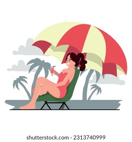 Relaxing concept illustration, woman relaxing on the beach, happy and relaxed young woman lying on a beach chair. illustration for summer.