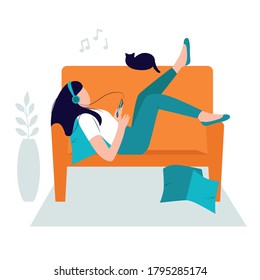 Relaxing concept, stay at home. Girl chilling on the sofa with headphones and listening to music. Woman resting and enjoying the sounds. Isolated vector illustration