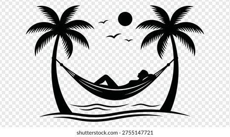 Relaxing couple enjoying hammock between tropical palm trees by the ocean at night