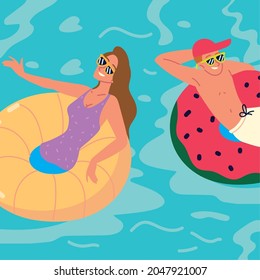 relaxing couple in the pool cartoon