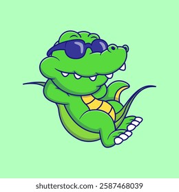 Relaxing Crocodile On a Leaf With Wearing Glasses Cartoon Vector Illustration. Animal Summer Concept. Flat Cartoon Outline Style.