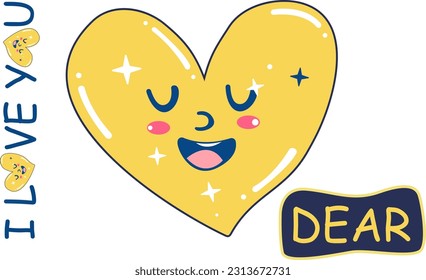 Relaxing cute yellow love heart vector who is smiling i love you dear design