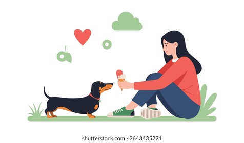 A Relaxing Day at the Park a Lady and Her Dog Enjoying Ice Cream