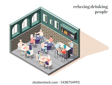 Relaxing and drinking people in bar isometric concept with leisure symbols vector illustration