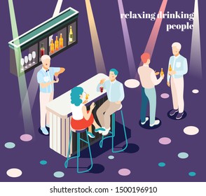Relaxing and drinking people in bar isometric background with catering symbols vector illustration
