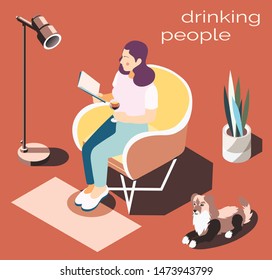 Relaxing and drinking people at home isometric composition with rest symbols vector illustration