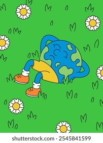 Personagem Relaxante da Terra Cercado por grama verde vibrante e margaridas encantadoras, perfeito para temas de consciência ambiental, natureza e relaxamento ilustração de desenhos animados lúdica