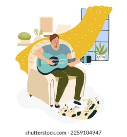 Relaxing enjoyable home activities, hobbies, for pleasure and joy. Cozy hygge, uplifting things, happy men, women, people enjoying their vacation. Flat graphic vector illustration.