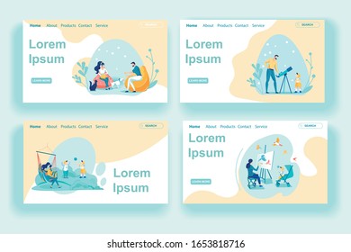Relaxing Family Pastime Landing Page Templates Set. Father and Son Bonding. Cartoon Pet Owners Romantic Date. Working Mother Playing with Kids. Female Artist, Painter on Maternity Leave