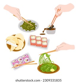 Relaxing friends with food on home party. Asian food, sushi, nori, fortune cookies. Vector flat illustration.