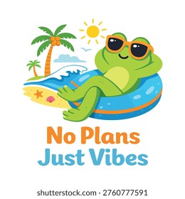 Relaxing frog floats on a ring with a tropical island background and text