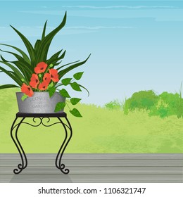 Relaxing garden patio deck with cute metal table and galvanized metal planter. Mixed plants and colorful poppies with beautiful landscape in background. Flat style vector with some painterly detail an