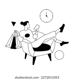 Relaxing girl doing mobile shopping, sketchy style illustration  
