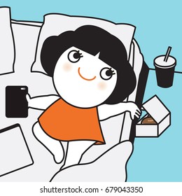 Relaxing Girl Laying In Bed With Her Mobile Cell Phone In Hand While Eating Donuts Snack On Hoilday Weekend Vacation Concept Card Character illustration