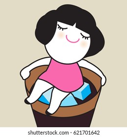 Relaxing Girl Laying On Iced Coffee Concept Card Character illustration