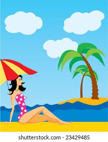 Relaxing girl on the beach under umbrella