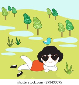 Relaxing Girl On The Grass Field illustration