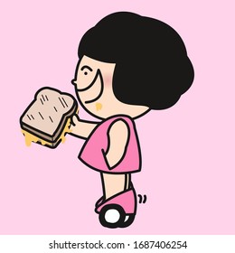 Relaxing Girl Riding Electric Mini Hoverboard Scooter While Eating A Grilled Cheese Sandwich Concept Card Character illustration