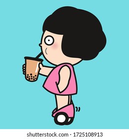 Relaxing Girl Riding Electric Mini Hoverboard Scooter While Drinking A Cup Of Bubble Milk Tea Concept Card Character illustration