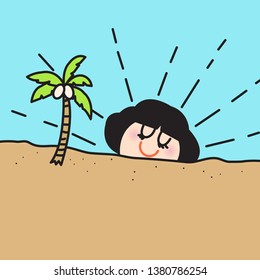 Relaxing Girl With The Sun In Her Head Rising Over Beach With Palm Tree In Foreground Concept Card Character illustration