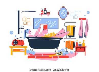 Chica relajante tomando un baño. Cuarto de baño en casa, personaje de dibujos animados mujer acostada en una bañera con espuma. Interior de la ducha, higiene y cuidado personal