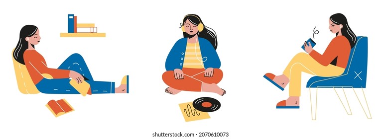 Relaxing girls. Young women relax, resting at cozy and comfortable atmosphere, lazy student weekend, music, coffee and books, harmony and happiness vector cartoon flat isolated set