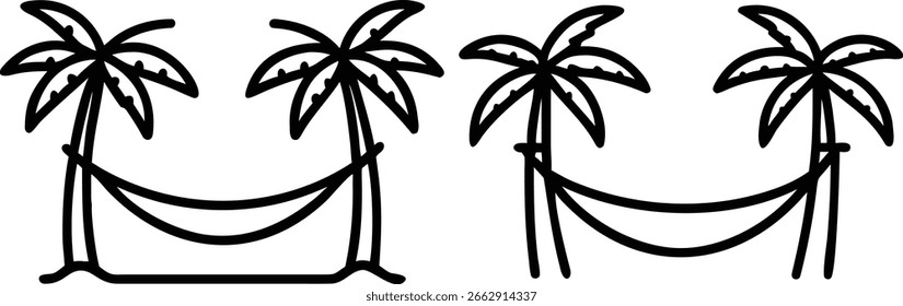 Redes Relaxantes Entre Duas Palmeiras: Ilustração De Férias De Verão, Elemento De Design De Paraíso Tropical
