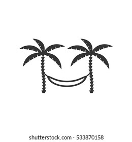 Relaxing hammock between two palm trees icon flat. Illustration isolated on white background. Vector grey sign symbol