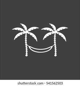 Relaxing hammock between two palm trees icon flat. Vector white illustration isolated on black background. Flat symbol