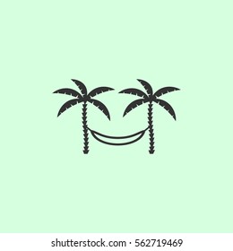 Relaxing hammock between two palm trees icon flat. Grey vector symbol on green background